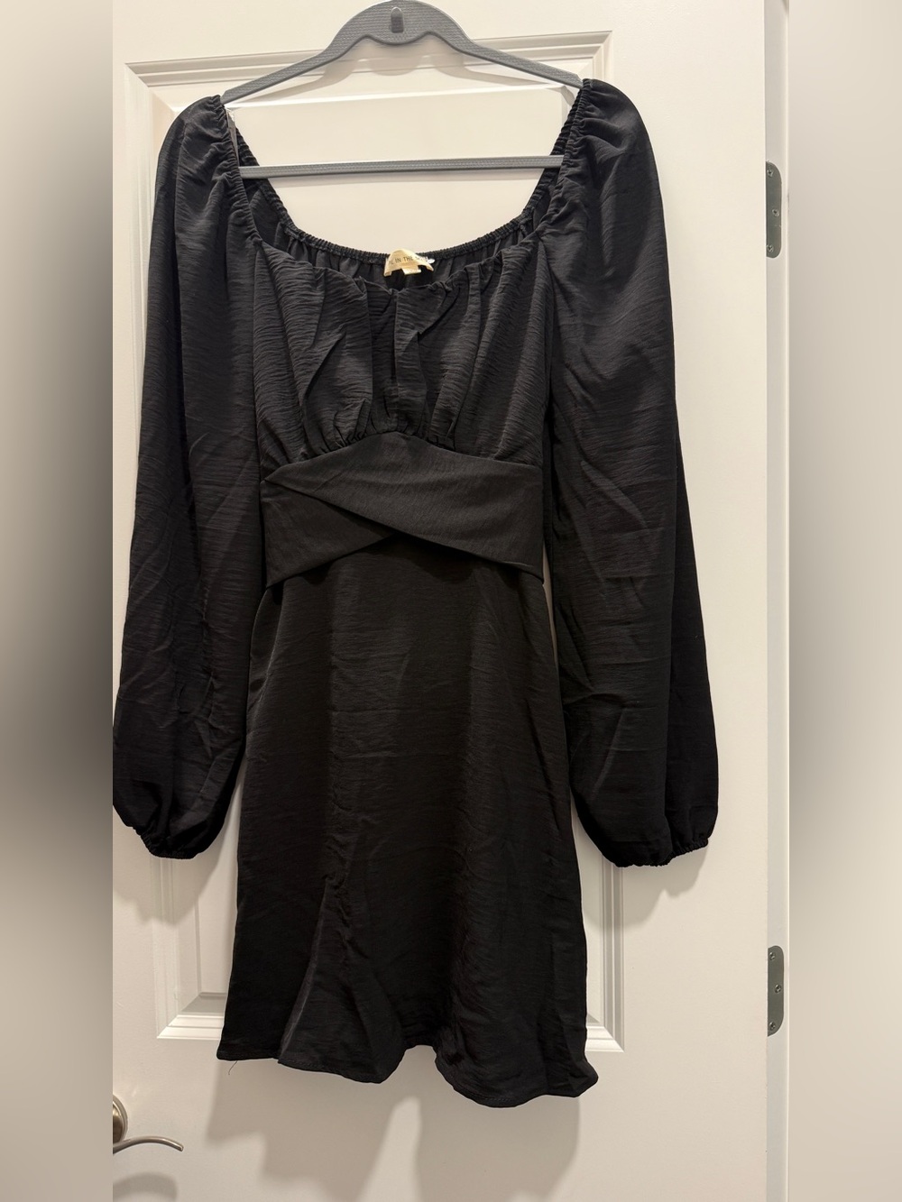 Boutique Black Long-Sleeve Mini Dress with Twist Waist